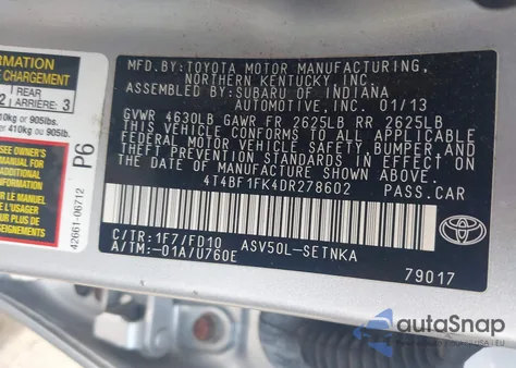 2013 Toyota Camry Le из США, поврежденный, VIN 4T4BF1FK4DR278602